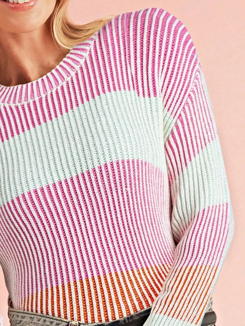 Cotton Color Block Lantern Rib Knitted Sweater