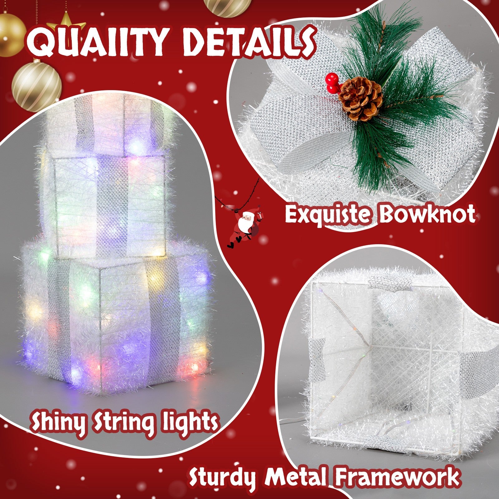 3 X Christmas Lighted Gift Boxes Decorations Holiday Party Home Yard, White