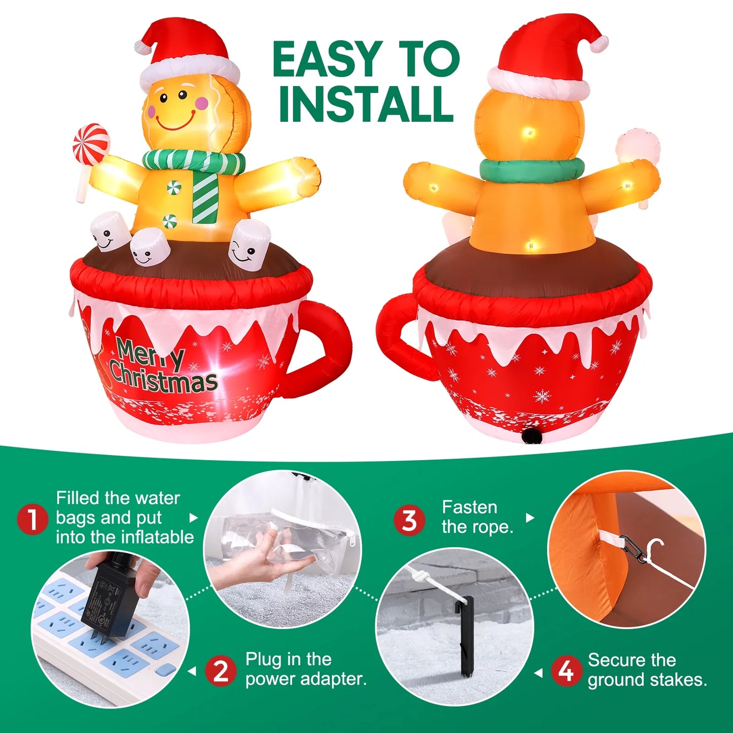 7FT Inflatables Christmas Outdoor Decoration Cup Gingerbread Man with LED, Outdoor Christmas Decoration