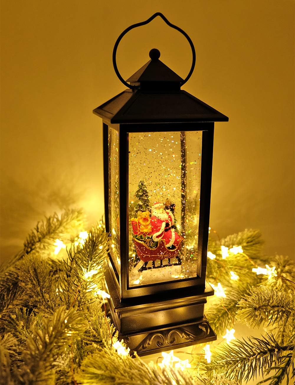 Lighted Musical Snow Globe Lantern with 6 Hour Timer, 12 Inches USB Powered & Battery Operated Spinning Water and Swirling Glitter Christmas Snow Globe Lantern Gifts(Santa Claus and Sleigh)
