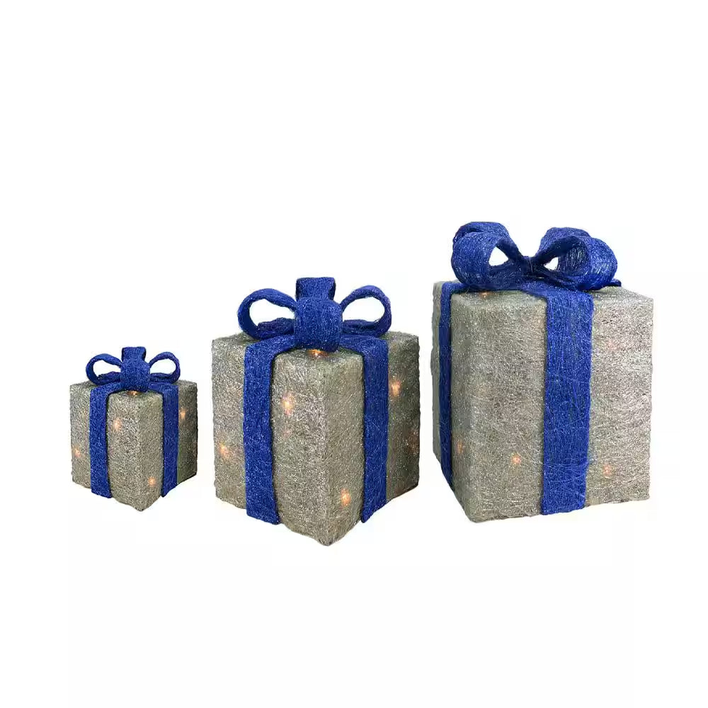 12 In. Christmas Outdoor Decorations Lighted Silver with Blue Bows Sisal Gift Boxes (3-Pack)
