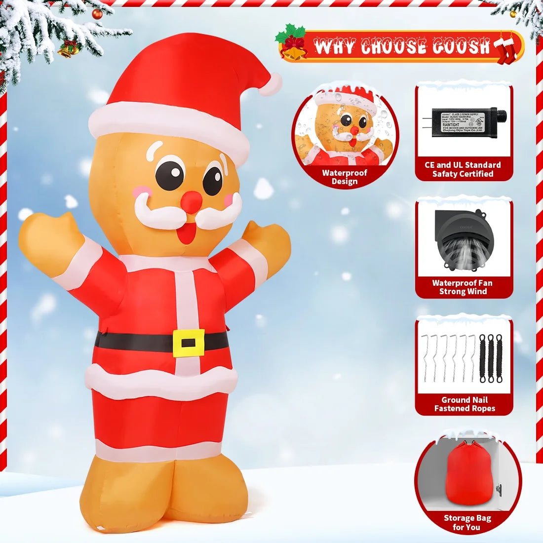 Christmas Inflatable 8 FT Inflatable Gingerbread Man Wearing Christmas Hat, Outdoor Gingerbread Man Decorations with Built-In Leds, Xmas Decorations Clearance for Holiday/Christmas/Party