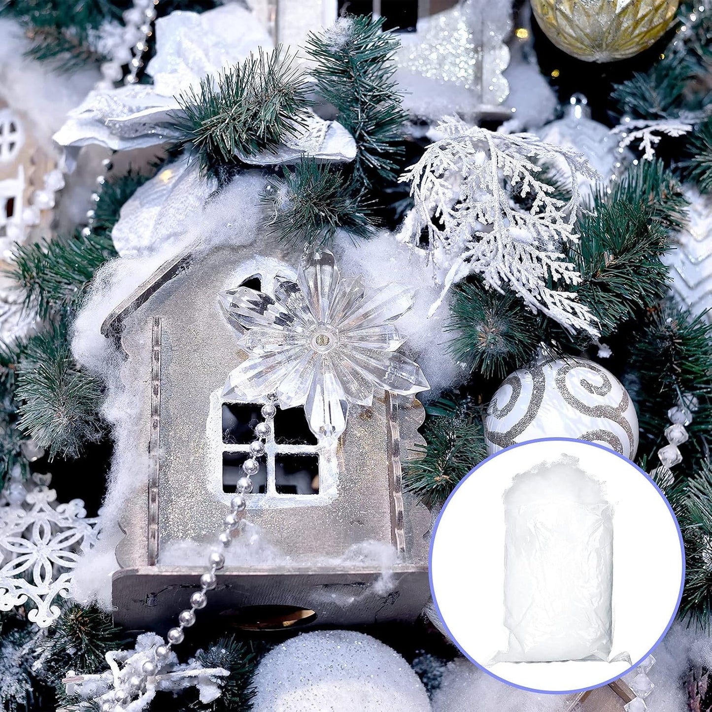 7 Oz Fake Snow 200 G per Bag Artificial Fake Cotton Christmas White Cloud Faux Fluffy Snow Indoor Soft for Winter Christmas Tree Mantle Village Nativity Scene