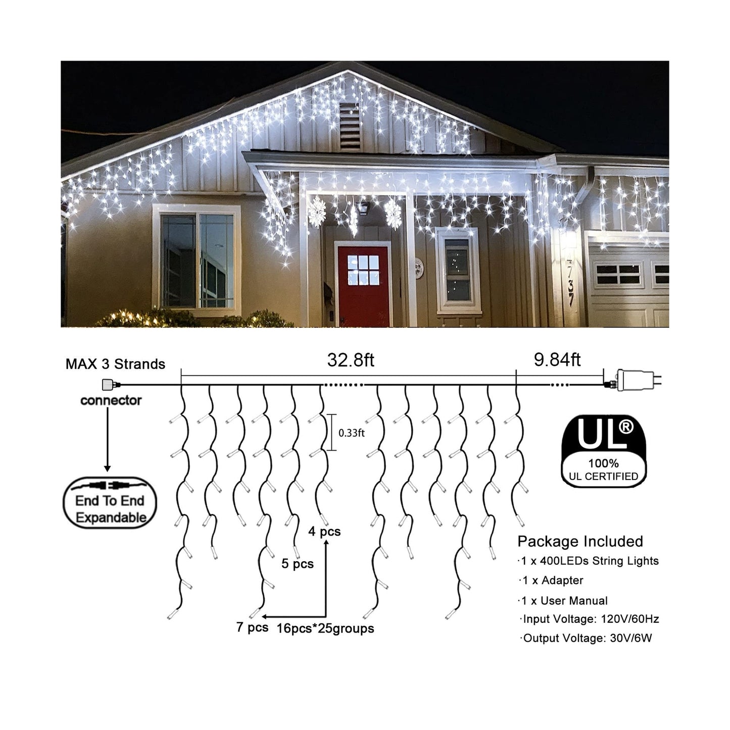 Christmas Lights Outdoor Icicle Lights 400LED 32.8FT 8 Modes, Connectable Cur...