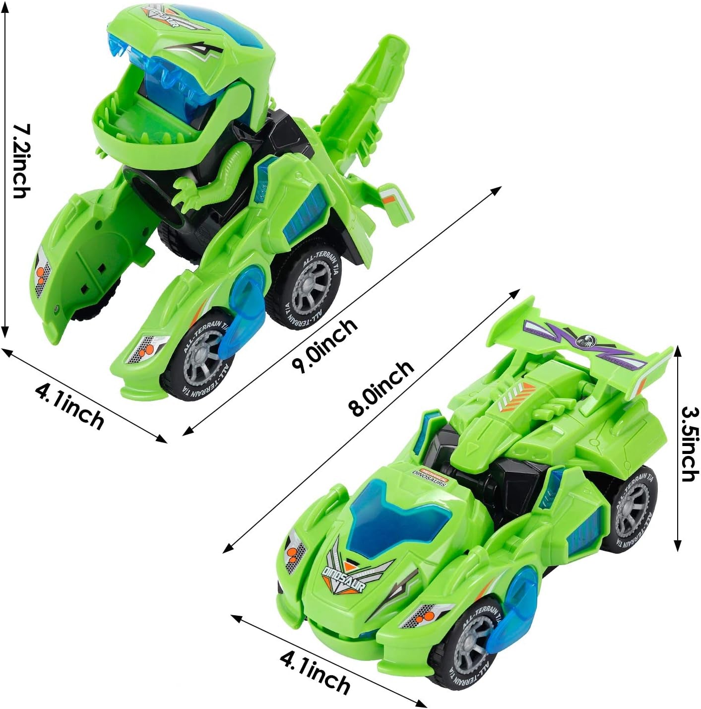 LED Car Dinosaur Transforming Toys- 2 in 1 Automatic Dinosaur Dino Transformer Toy Car Lamps for Kids,Toddlers ( Ages 3-12, Green)