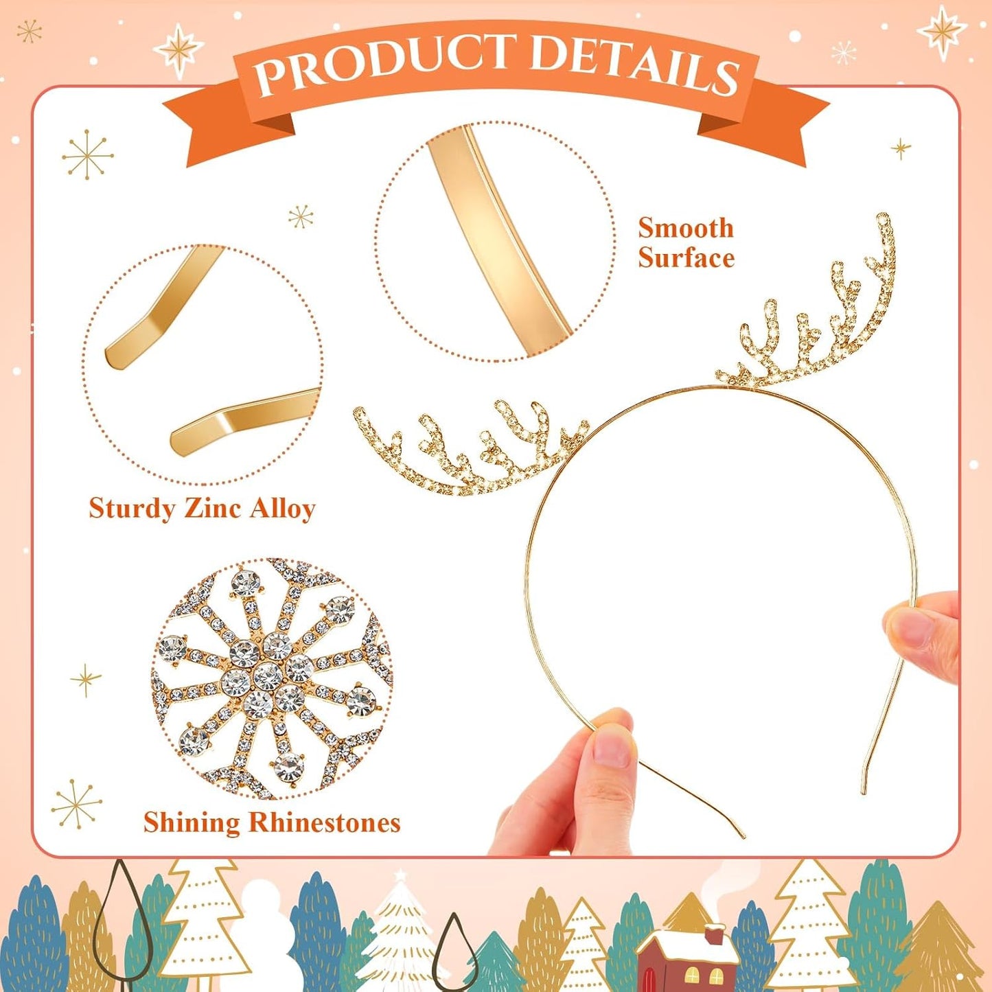 6 Pcs Christmas Headbands Set Rhinestone Xmas Headbands Snowflake Cute Reindeer Antler Hairbands Happy New Year Headband Tiara Crystal Merry Christmas Headpiece Accessories for Women (Gold)