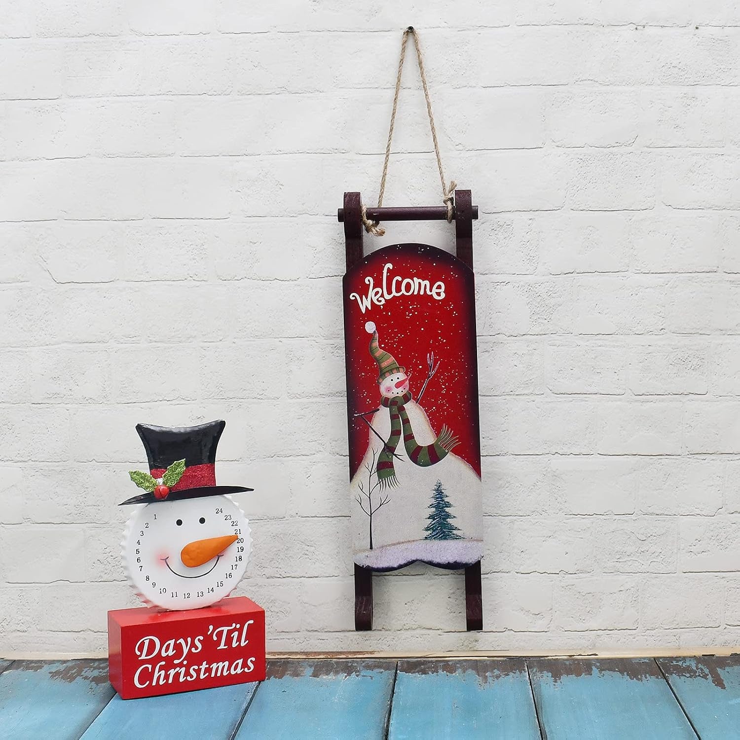 Christmas Sled Decoration Wooden Snowman Welcome Sign Xmas Sleigh Wall Decor Outdoor Hanging Santa Sleigh Rustic Christmas Porch Decor Snowman Wooden Decor Winter Festive Holiday (B)