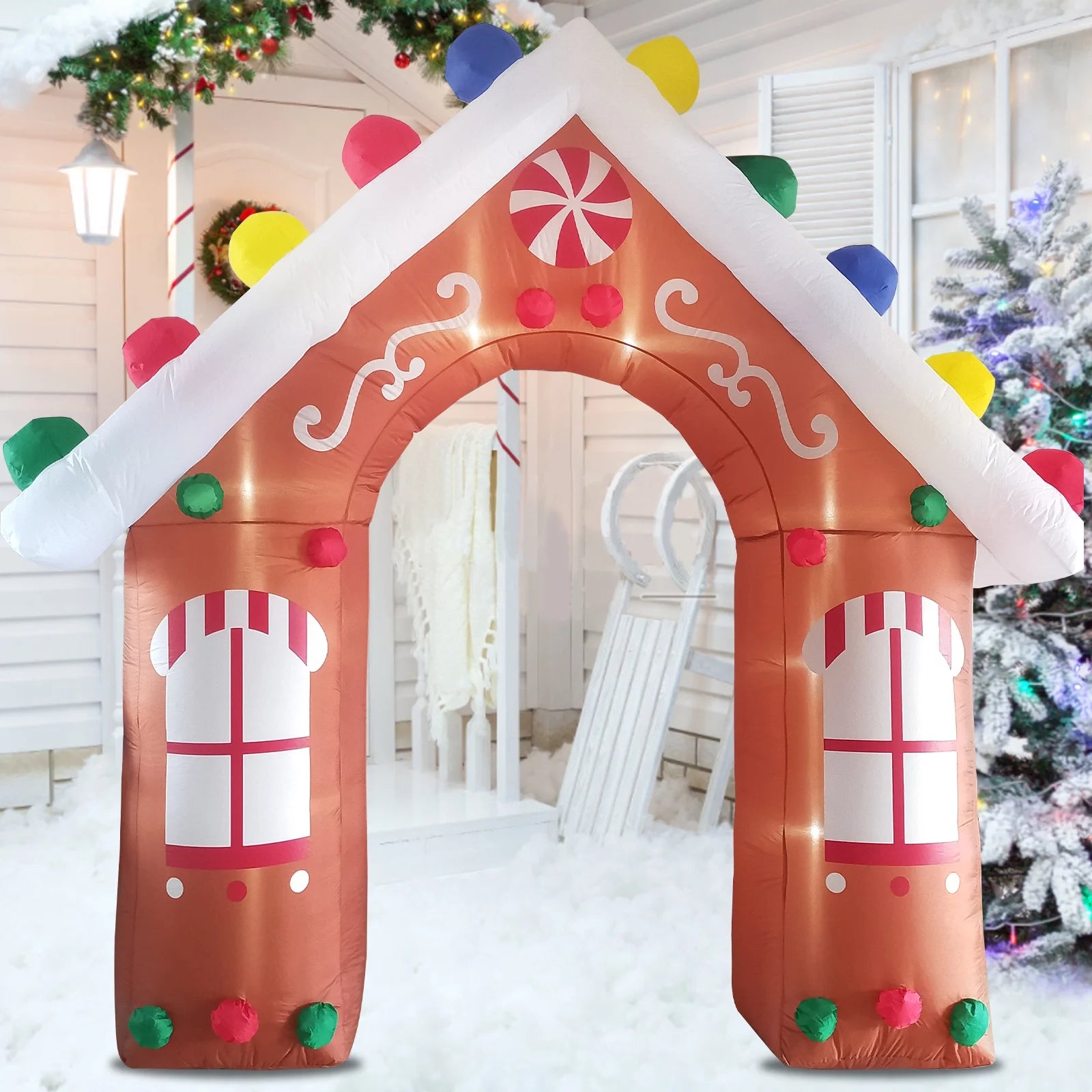 10FT Christmas Inflatables Gingerbread House Archway Outdoor Decorations, Giant Christmas Arch Blow up Yard Decorations with LED Lights Built-In