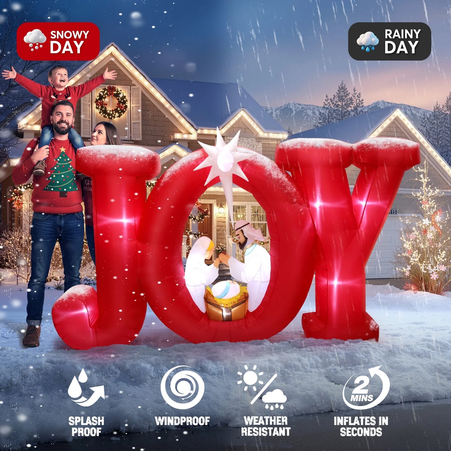 8FT Inflatables Christmas Outdoor Decoration, Joy Christmas Nativity Decoration with LED, Christmas Blow up Yard Decorations- Red/White