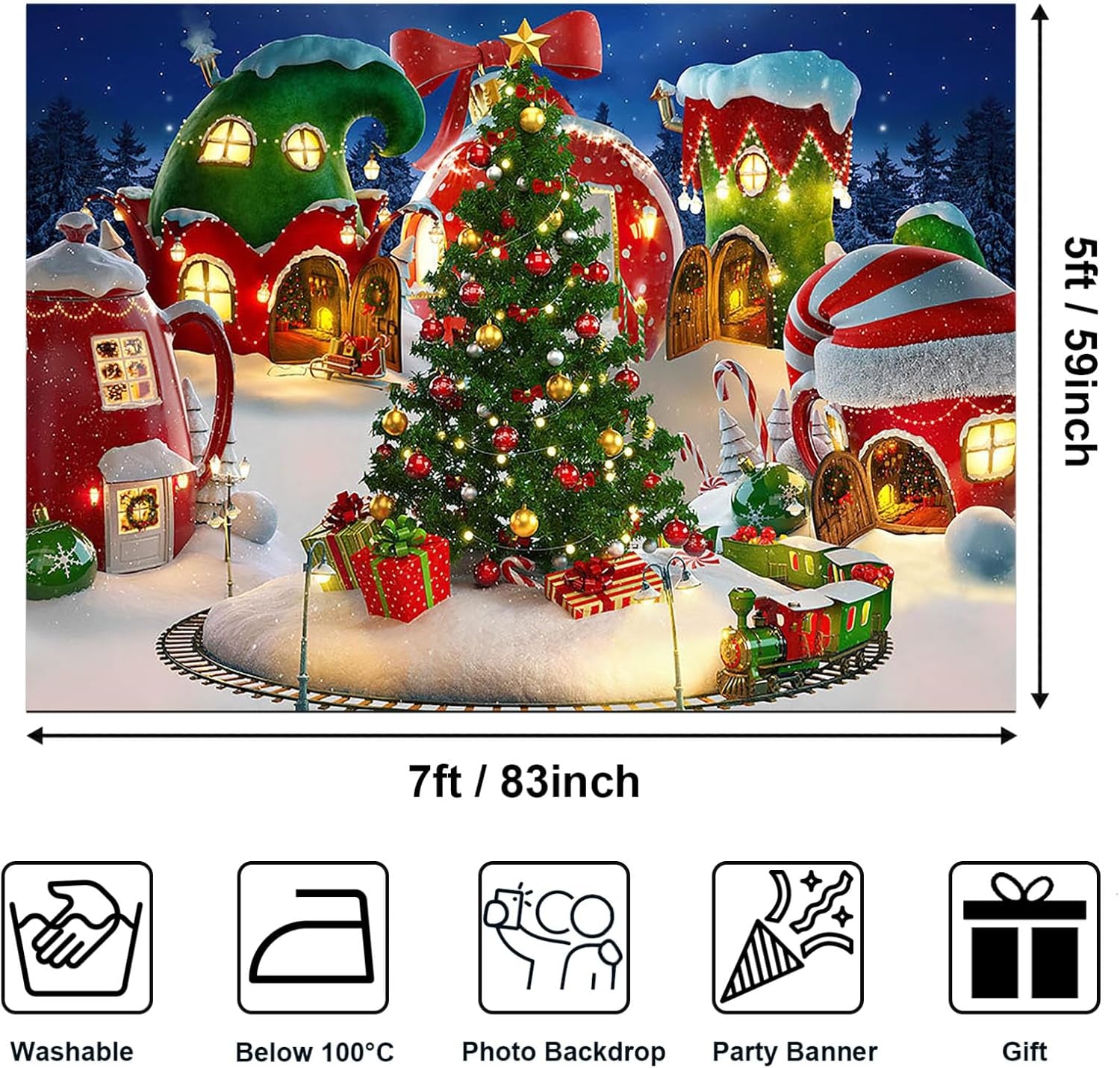Cartoon Christmas Village Photography Backdrop Winter Snow Xmas Tree Background Christmas Fairy Tale Animated Kid Party Backdrops Photo Booth Props (7X5)