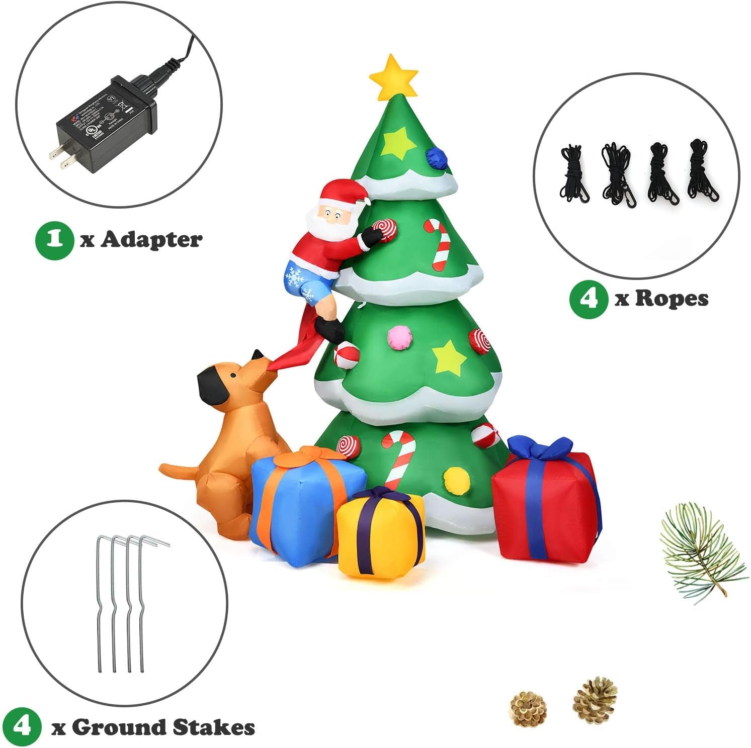 7 Ft Inflatable Christmas Tree with Santa Claus Dog & Gift Boxes, Self Inflating Electric Blow up Lighted Interior with Fan and Anchor Ropes, Indoor Outdoor Garden Yard Family Prop Decoration