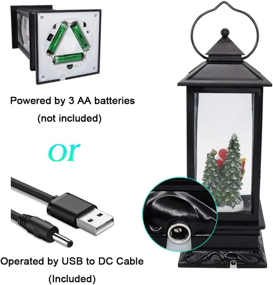 Lighted Musical Snow Globe Lantern with 6 Hour Timer, 12 Inches USB Powered & Battery Operated Spinning Water and Swirling Glitter Christmas Snow Globe Lantern Gifts(Santa Claus and Sleigh)