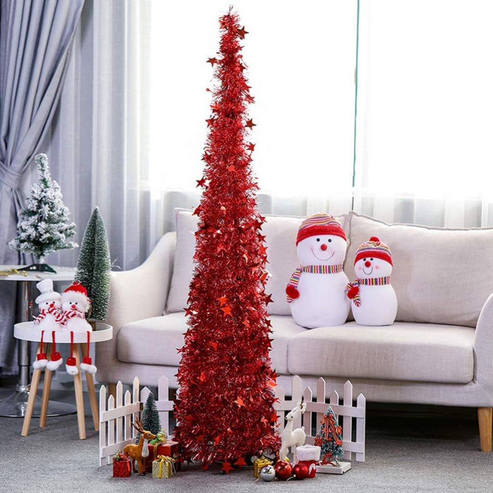 Sequin Pop up Christmas Tree Pet Plastic Christmas Tree Easy to Assemble and Store for Fireplace Party Home Office Store Classroom Xmas Decorations 120Cm (Red)