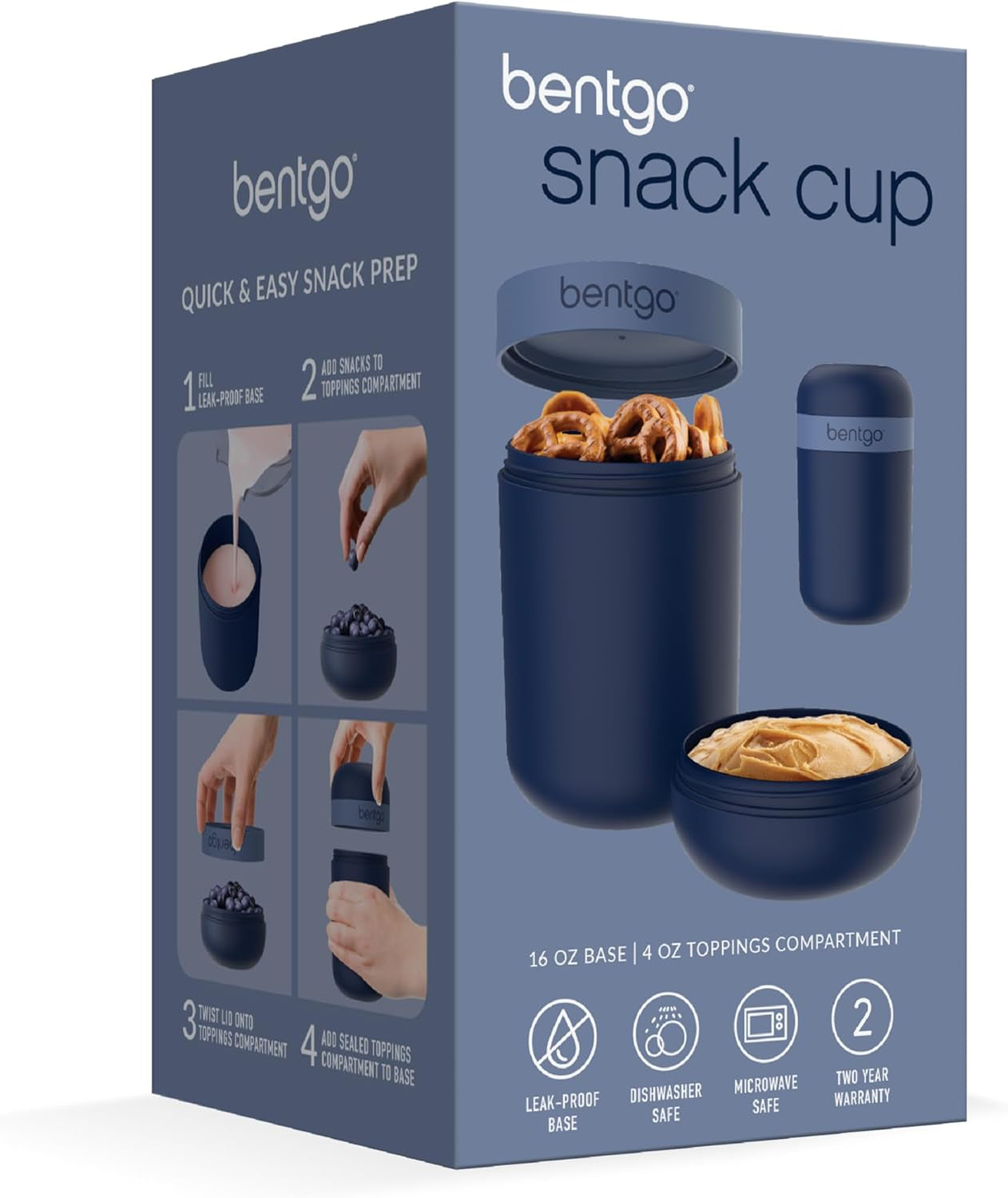 Snack Cup - Reusable Snack Container with Leak-Proof Design, Toppings Compartment, and Dual-Sealing Lid, Portable & Lightweight for Work, Travel, Gym - Dishwasher Safe (Navy)
