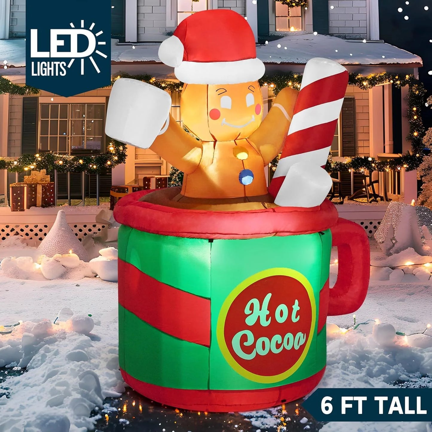 6 Ft Christmas Inflatables Gingerbread Outdoor Decorations,Gingerbread Man in Hot Cocoa Mug Blow Ups with Built-In Leds for Holiday Party Garden Lawn Yard Decor