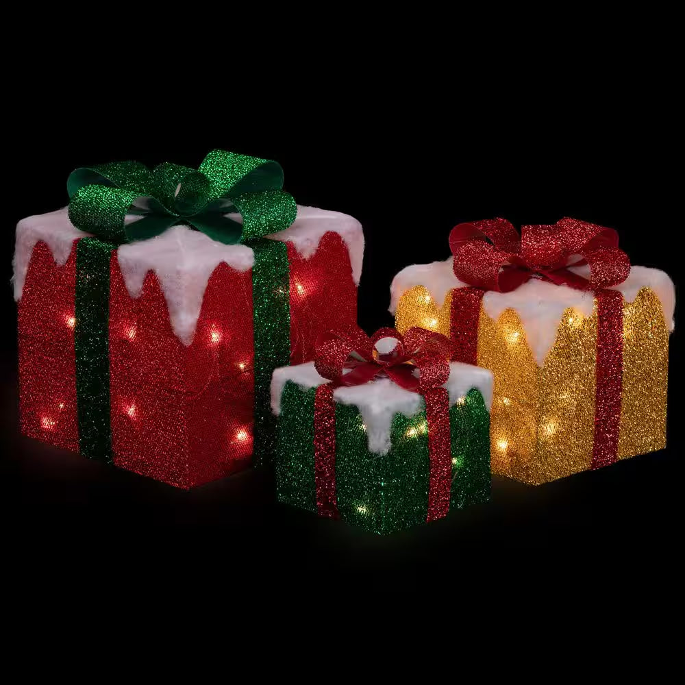 9.5 In. H LED Lighted Green Gold and Red Snowy Gift Boxes with Glittery Tinsel Outdoor Christmas Decorations (Set of 3)