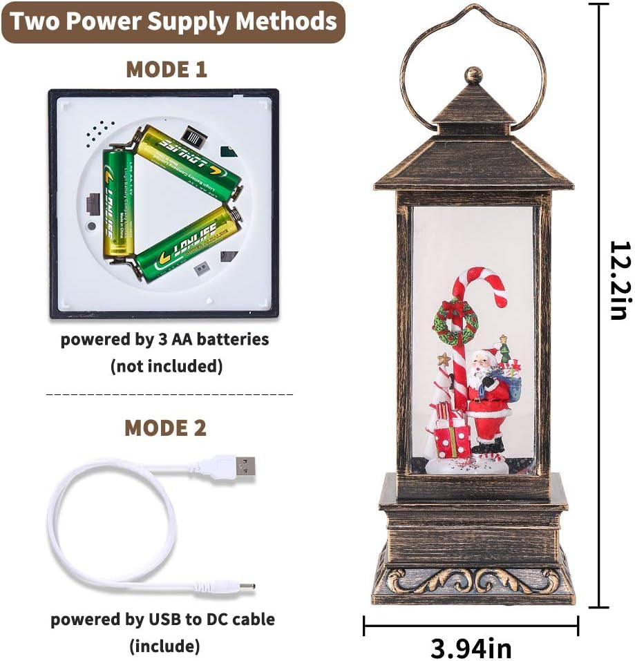 Christmas Musical Snow Globe Lantern, 12 Inch Spinning Glittering Lantern with 6 Hours Timer, USB Powered & Battery Operated for Christmas Decorations (Santa Claus and Candy Cane)