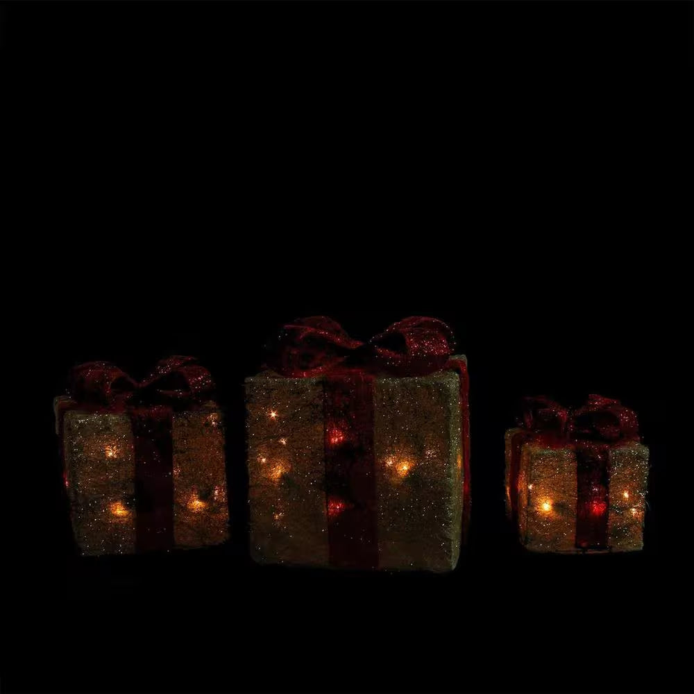 10 In. Christmas Outdoor Decorations Lighted Sparkling Gold Sisal Gift Boxes (3-Pack)