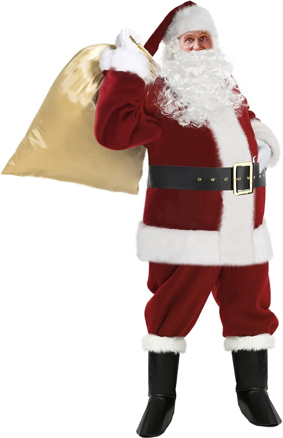Santa Claus Costume Christmas Santa Suit Adults Men'S Costume Deluxe Plush Santa Outfit Burgundy