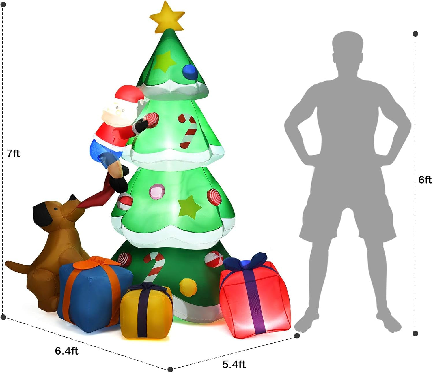 7 Ft Inflatable Christmas Tree with Santa Claus Dog & Gift Boxes, Self Inflating Electric Blow up Lighted Interior with Fan and Anchor Ropes, Indoor Outdoor Garden Yard Family Prop Decoration