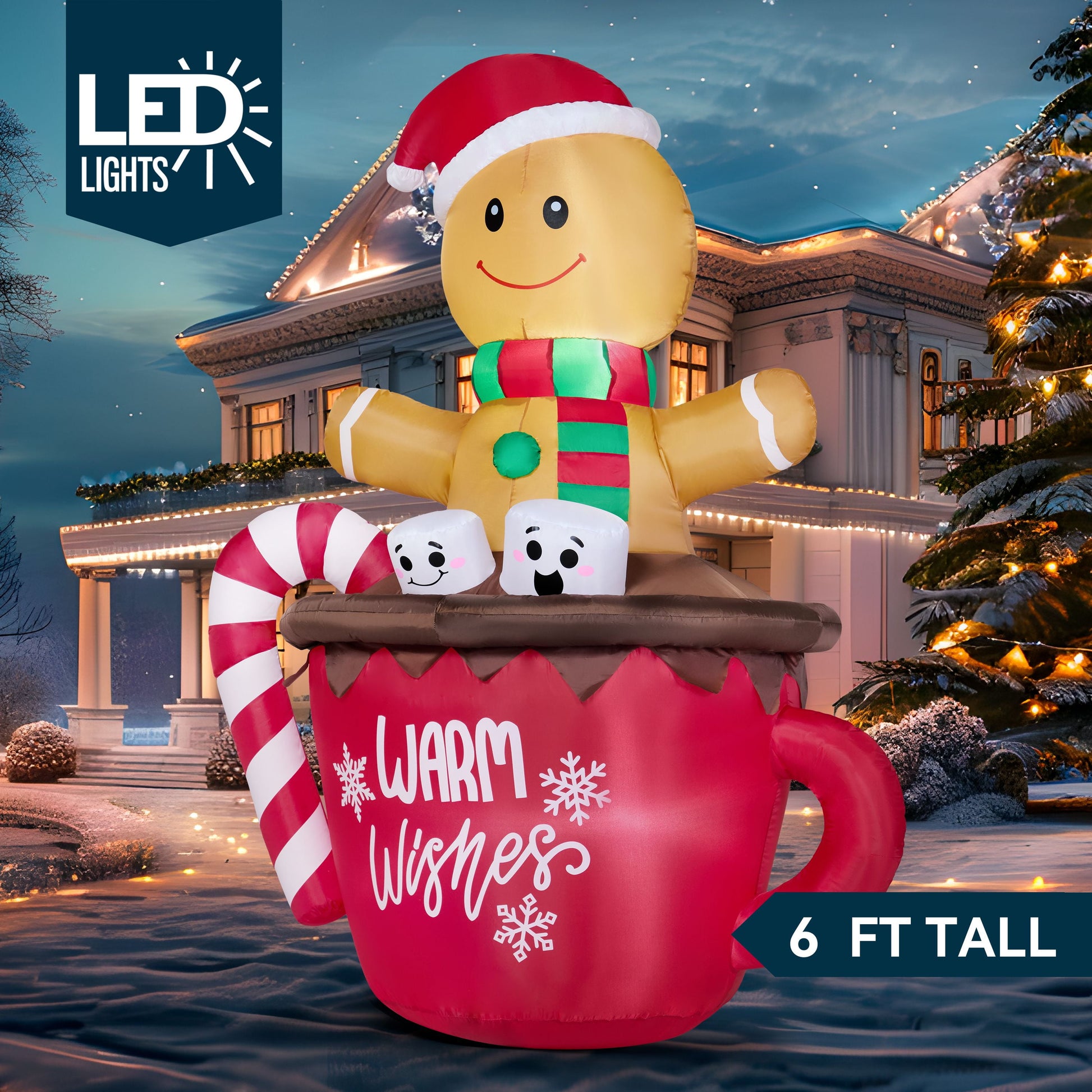 6 FT Christmas Inflatables Gingerbread Man Outdoor Decorations,Gingerbread Man Cocoa Mug Blow Ups Yard with Built-In Leds for Holiday Party Garden Lawn Decor