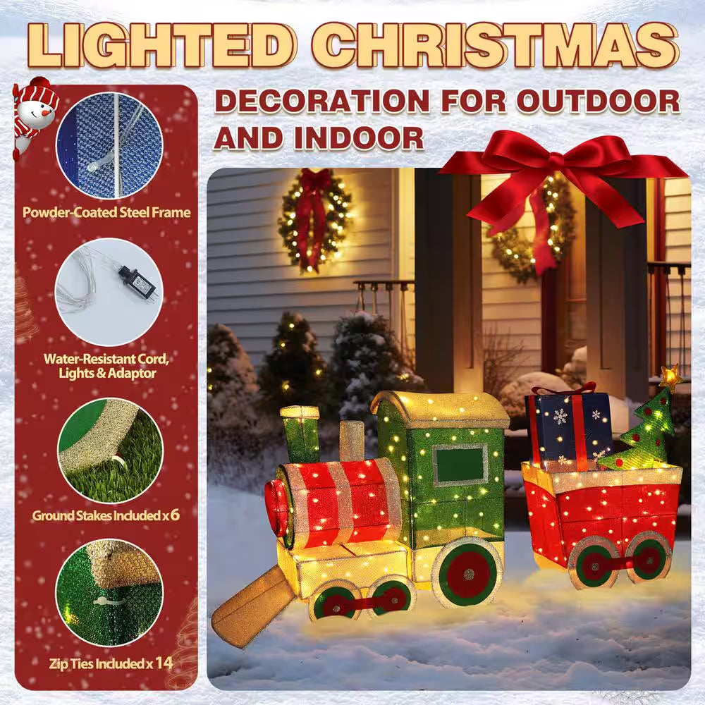5 Ft. Train Set Outdoor Holiday Yard Decoration Warm White LED with Christmas Tree and Gift Box