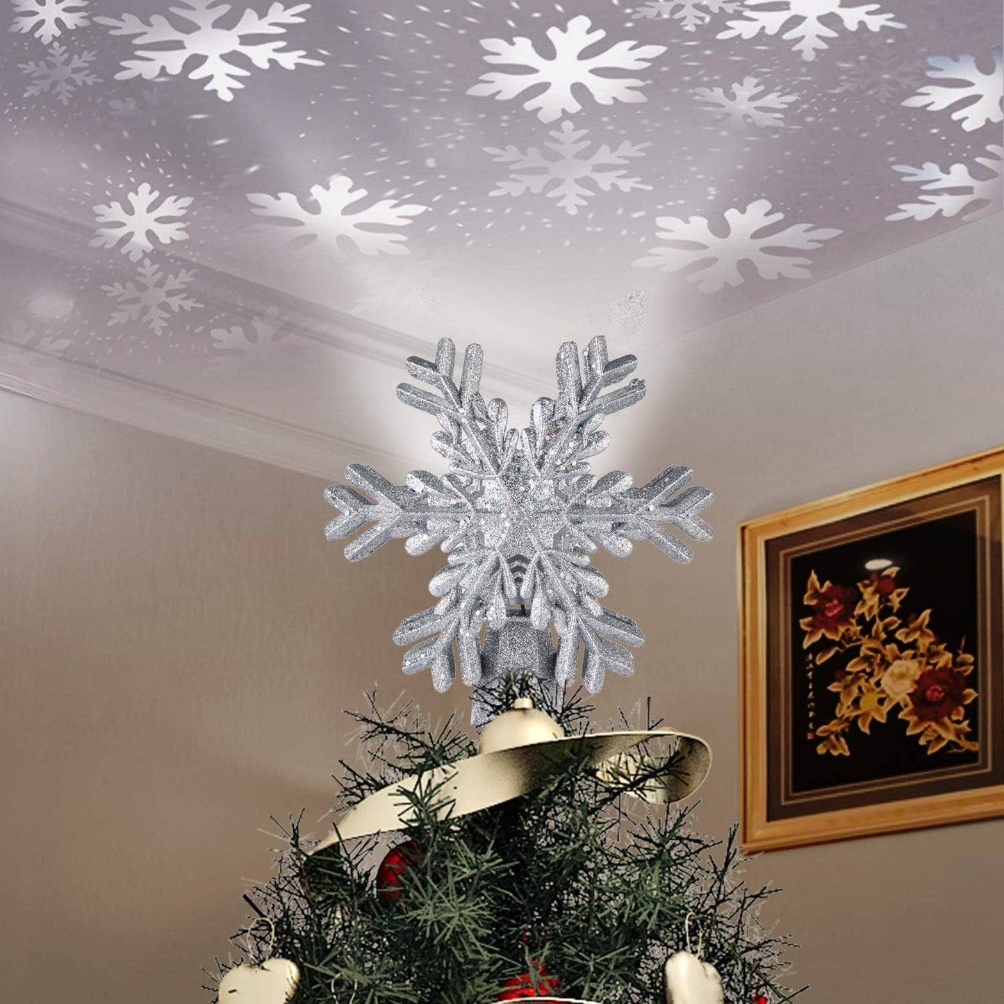 Christmas Tree Topper,  Star Tree Topper Lighted Indoor with Rotating 3D Silver Snowflake LED Projector Hollow Glitter Lighted for Xmas Tree Christmas Decorations Holiday