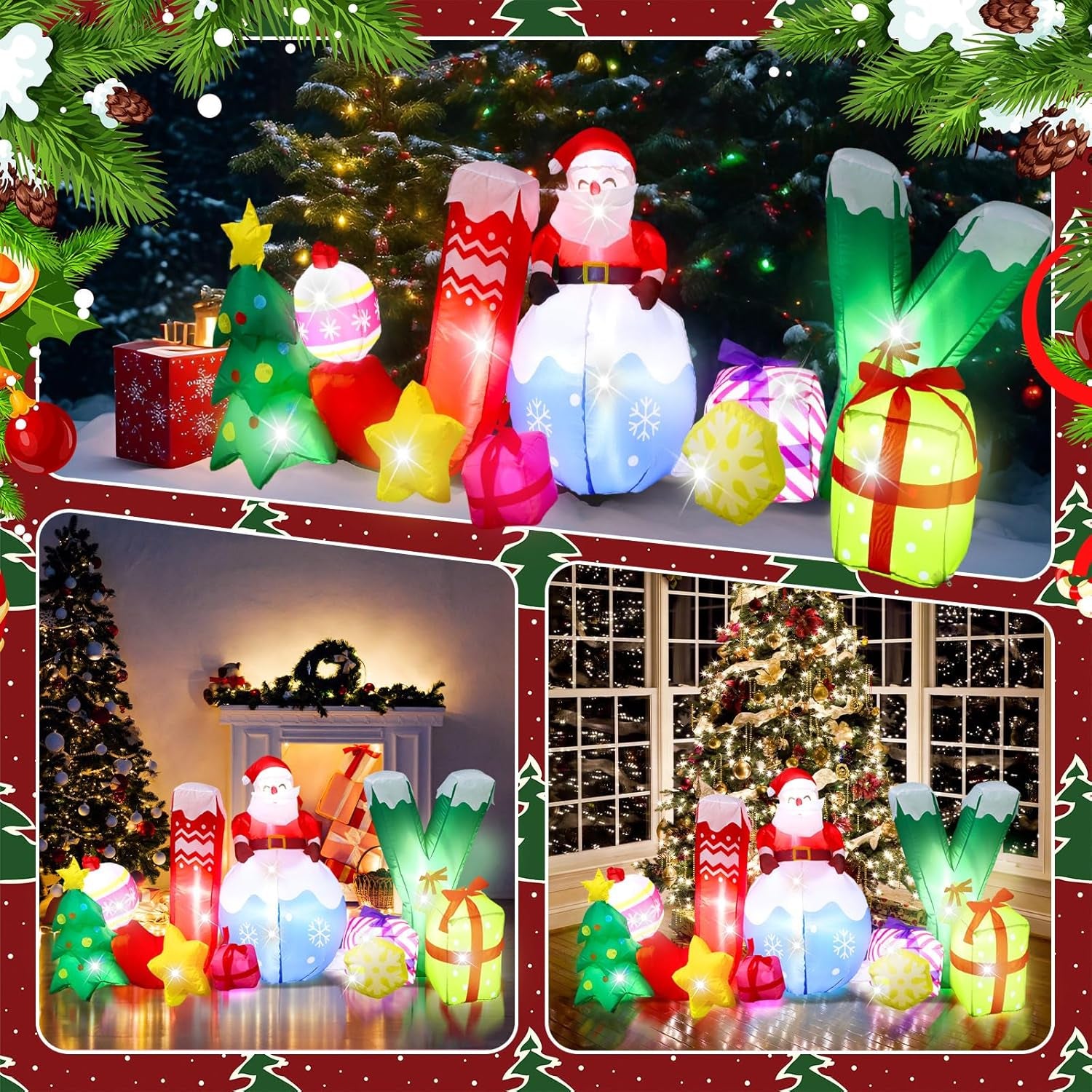 7 Pcs LED 6.6 Ft Joy Santa Claus Christmas Inflatables Outdoor Decorations Large