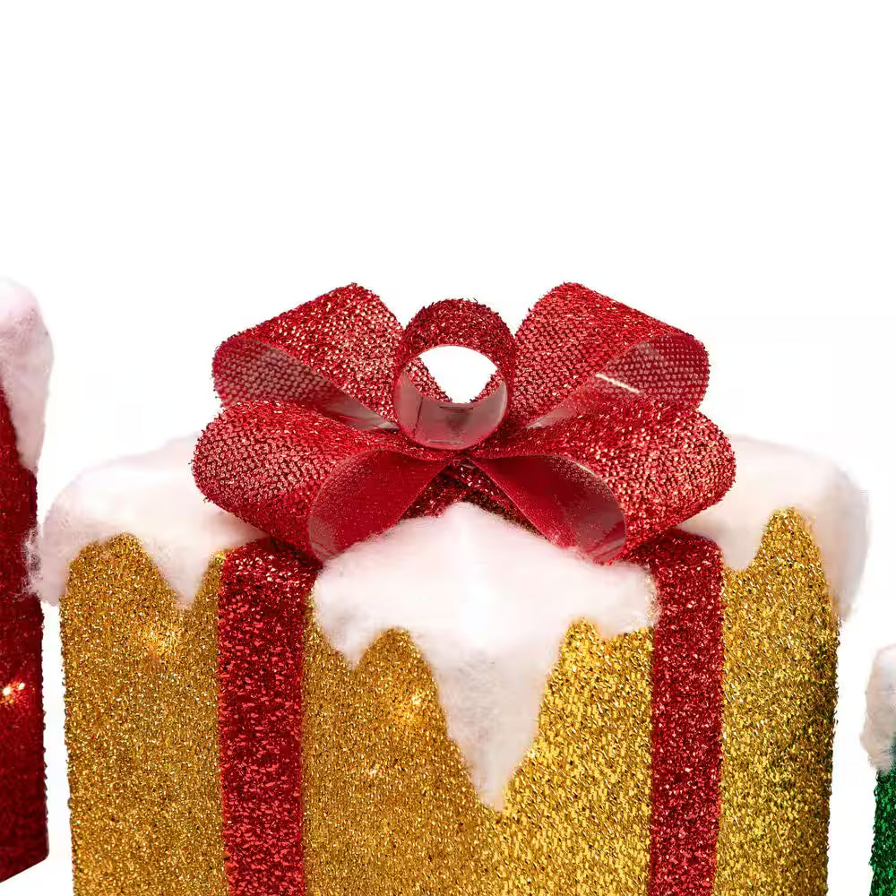9.5 In. H LED Lighted Green Gold and Red Snowy Gift Boxes with Glittery Tinsel Outdoor Christmas Decorations (Set of 3)