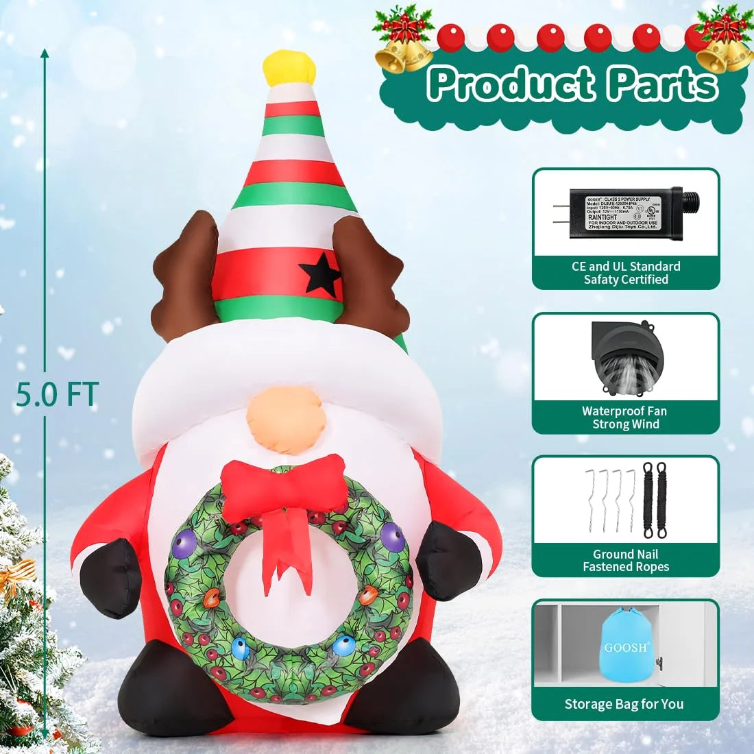 Christmas Inflatables 5 FT Christmas Gnomes Inflatables Holding Garland with Built-In Leds, Cute Gnome Blow up Inflatable Christmas Gnome, Outdoor Christmas Decorations for Xmas Holiday Party