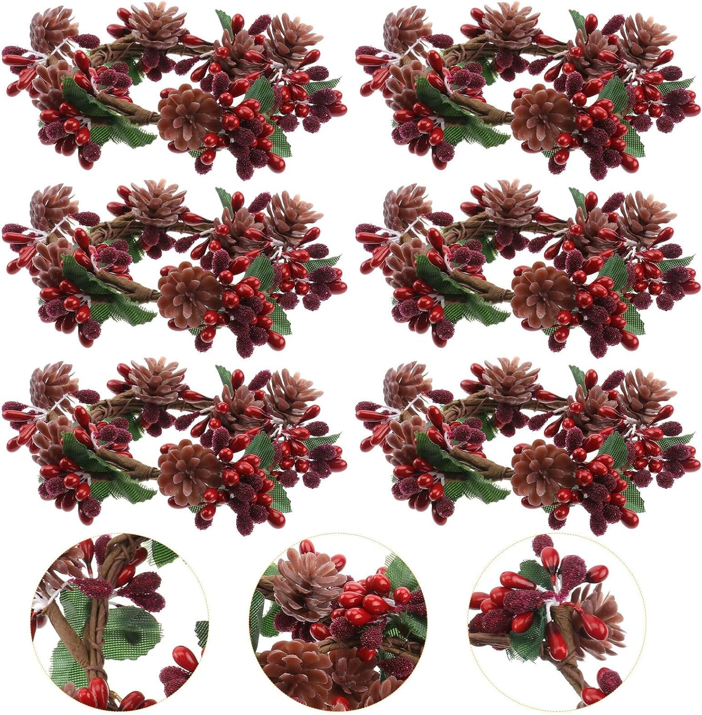 6Pcs Christams Candle Rings Red Berry Candle Rings Wreaths with Pine Cones for Pillars Christams Table Decorations Centerpieces (Red)