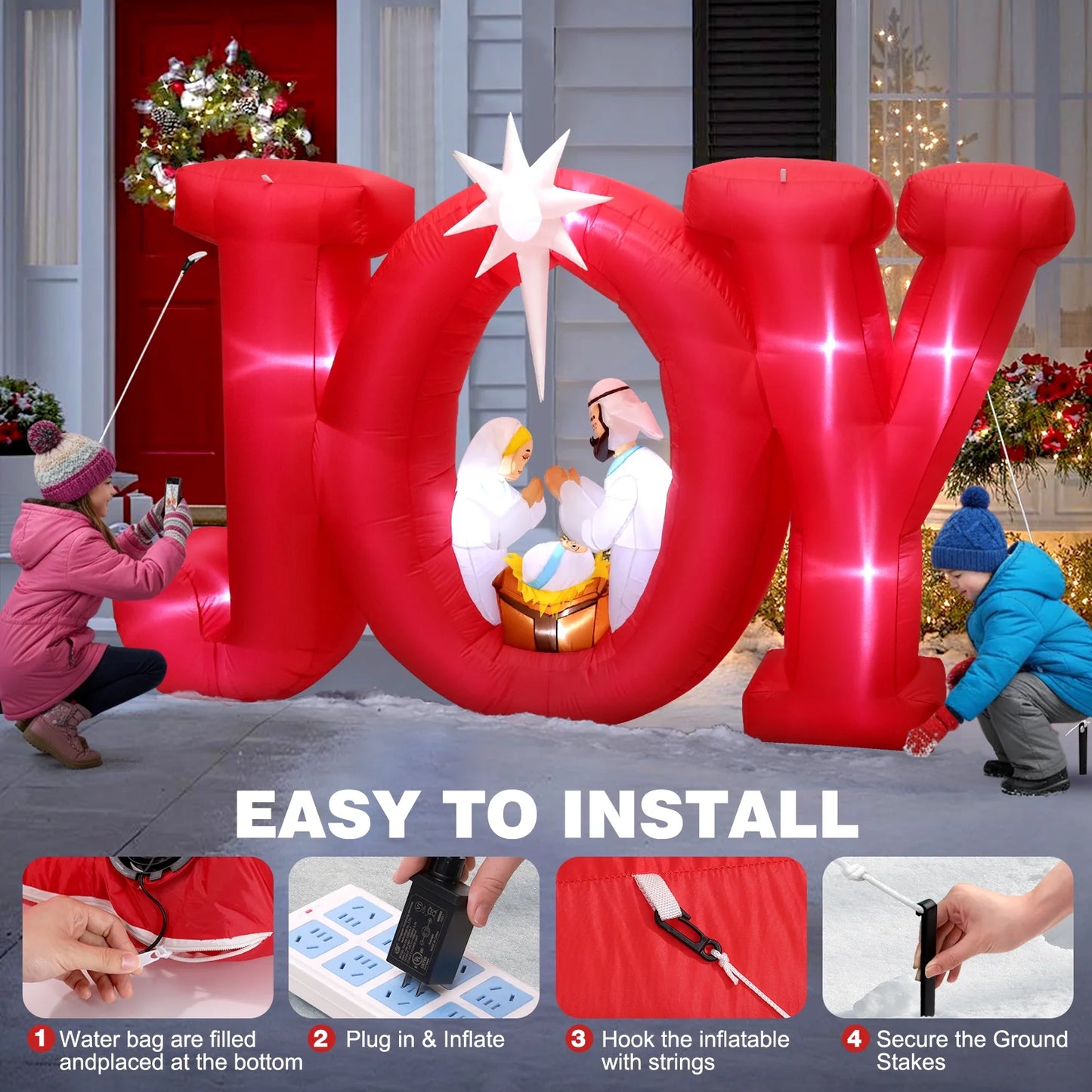 8FT Inflatables Christmas Outdoor Decoration, Joy Christmas Nativity Decoration with LED, Christmas Blow up Yard Decorations- Red/White