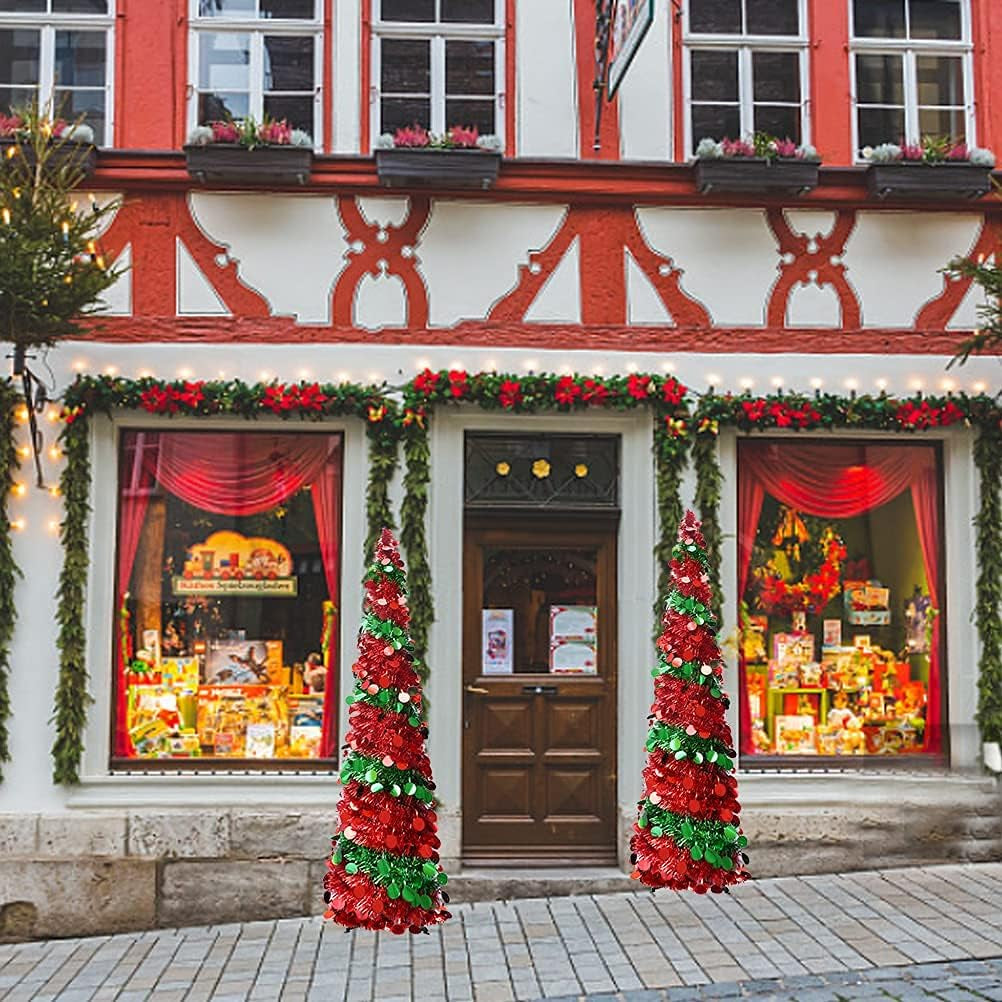 5 Foot Collapsible Pop up Sequin Artificial Pencil Christmas Tree Tinsel Slim Halloween Xmas Tree Tall Skinny Tree with Plastic Stand, Decorations for Home Fireplace Party Indoor Outdoor (Green& Red)