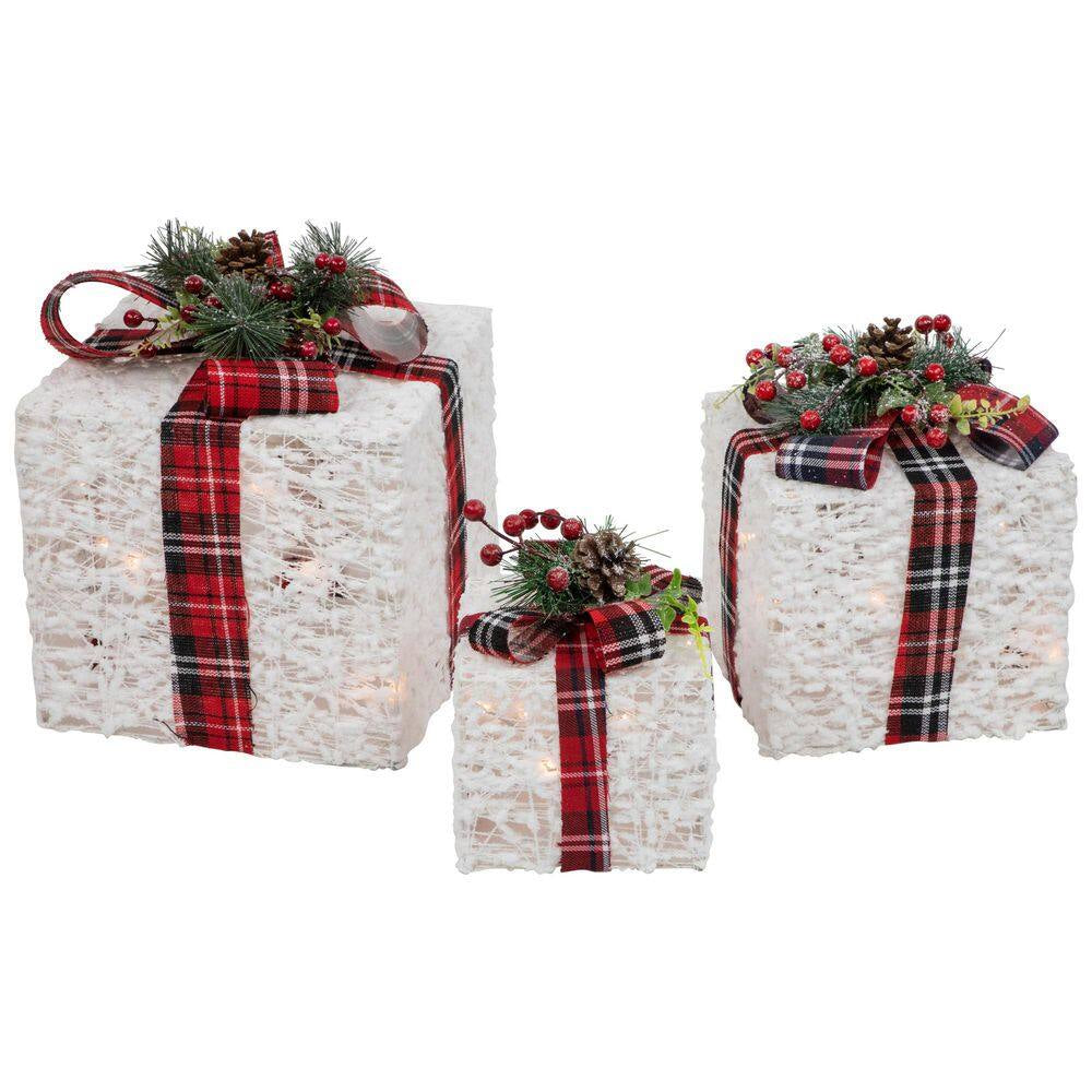 Lighted Textured and Plaid Gift Boxes Outdoor Decorations-Warm White-Set of 3