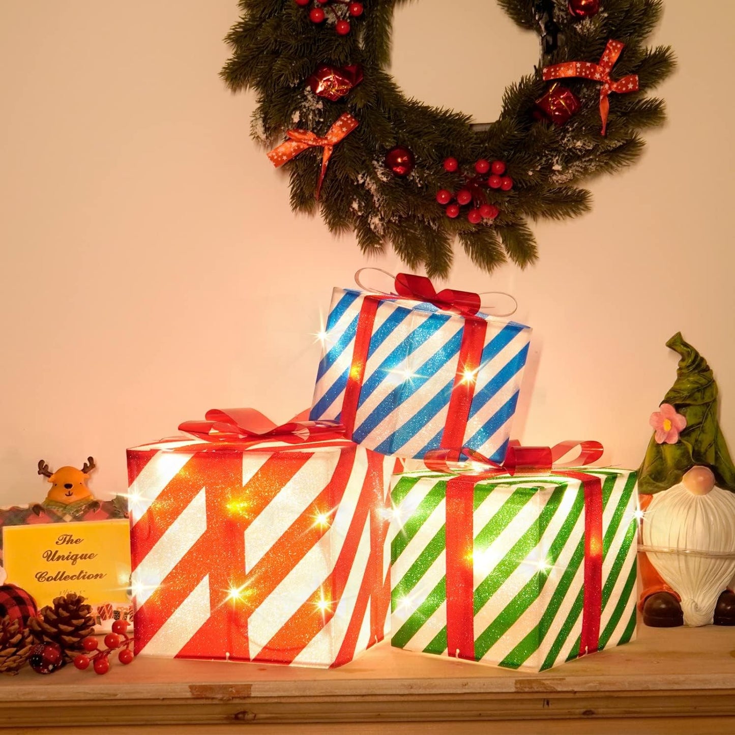 Set of 3 Lighted Gift Boxes Christmas Box Decorations, Red Green and Blue Lit Present Boxes the Best Christmas Yard & Home Décor (50 Lights)