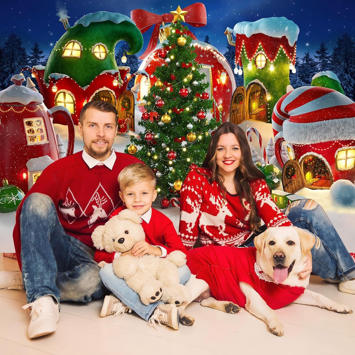 Cartoon Christmas Village Photography Backdrop Winter Snow Xmas Tree Background Christmas Fairy Tale Animated Kid Party Backdrops Photo Booth Props (7X5)