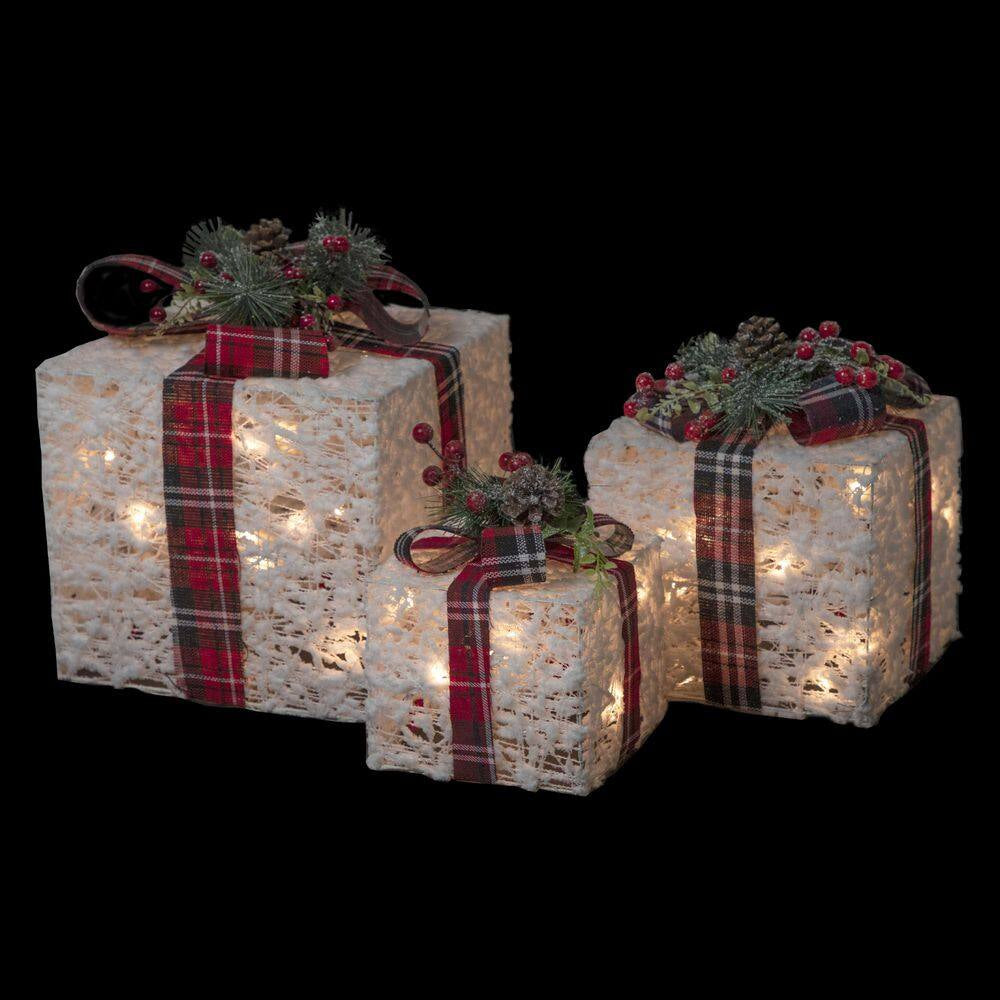 Lighted Textured and Plaid Gift Boxes Outdoor Decorations-Warm White-Set of 3