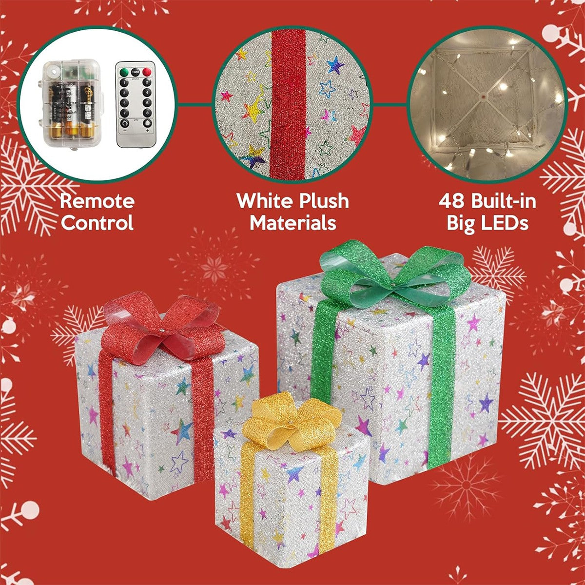 Set of 3 Christmas Lighted Gift Boxes, Pre-Lit 48 LED Light up Present Boxes Orn