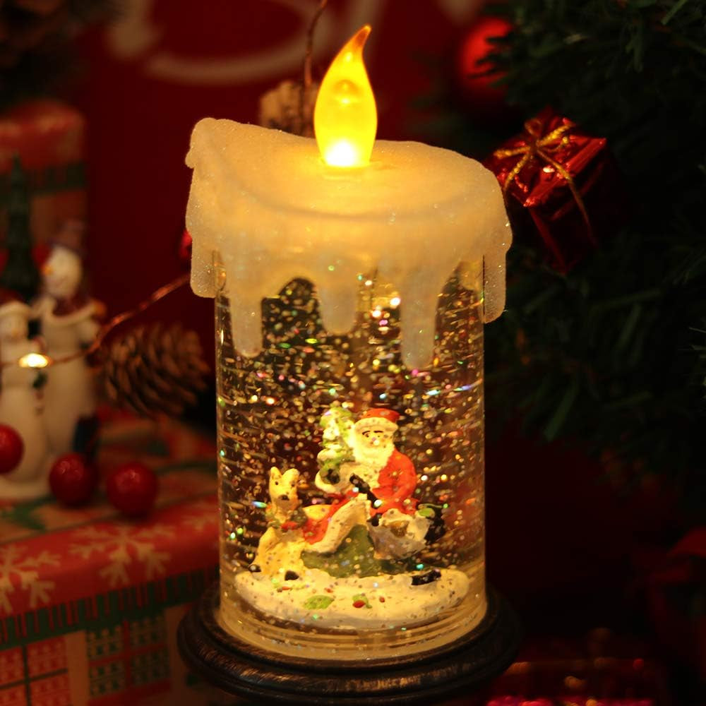 Christmas Snow Globe with Timer, Battery Operated Swirling Water Glittering Lighted Snow Globe Candlestick Thanksgiving Christmas Decoration(Santa)