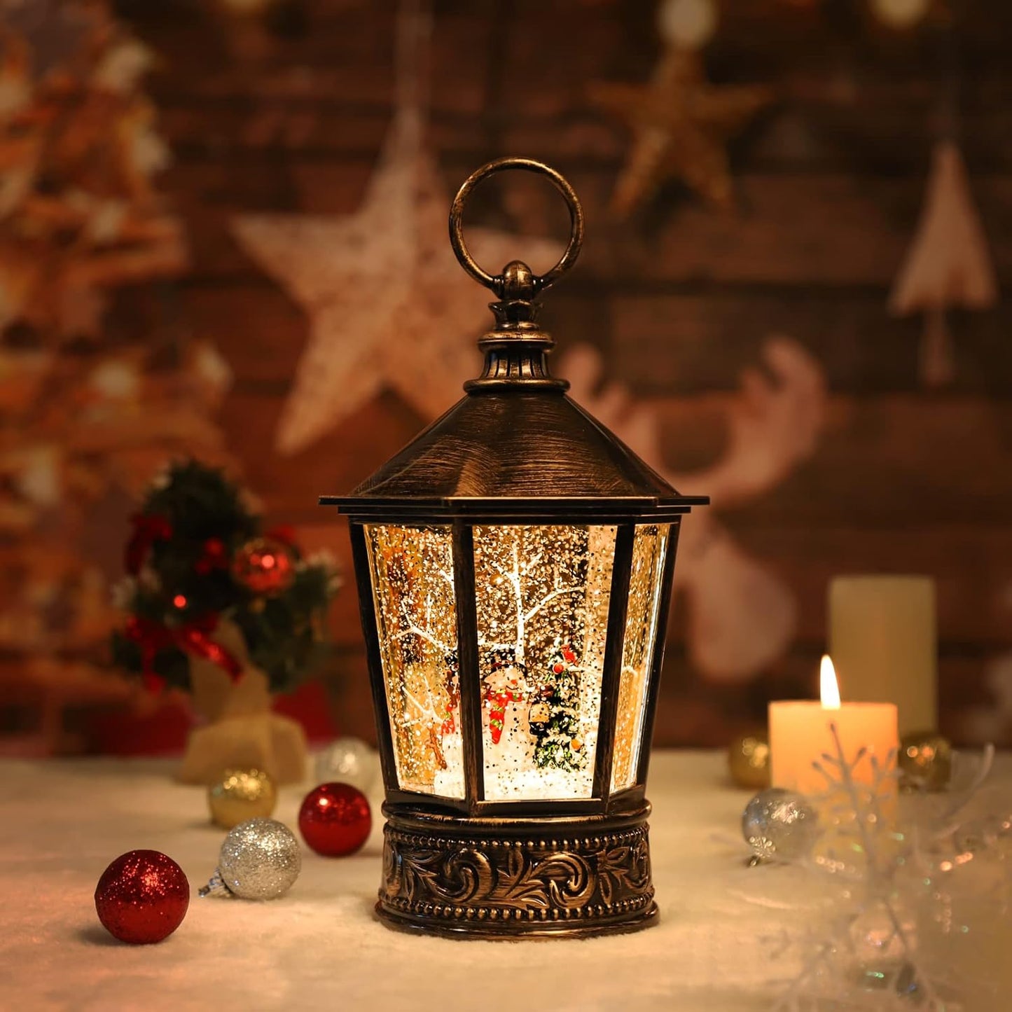 Christmas Snow Globe Lantern-Water Lantern with Music and Christmas Snowman-Usb or Battery-Powered Christmas Lanterns, Rotating Flashing Lanterns, Christma Decorations(Snowman)