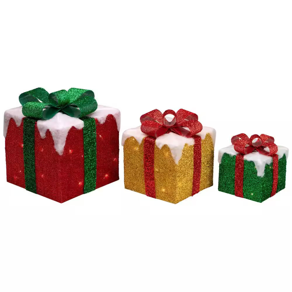 9.5 In. H LED Lighted Green Gold and Red Snowy Gift Boxes with Glittery Tinsel Outdoor Christmas Decorations (Set of 3)