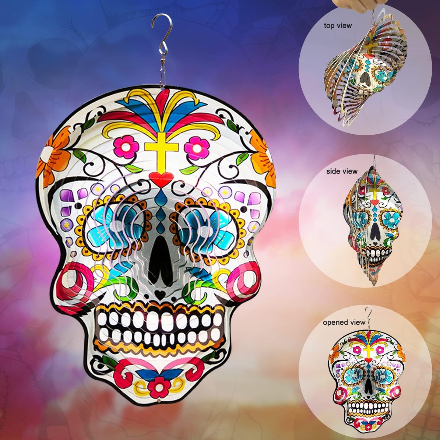 Kinetic 3D Metal Garden Wind Spinner Unique Gifts Outdoor Decorations Quality Hanging Ornament for Home and Garden 12Inch Mandala Silver Sugar Skull Wind Spinners