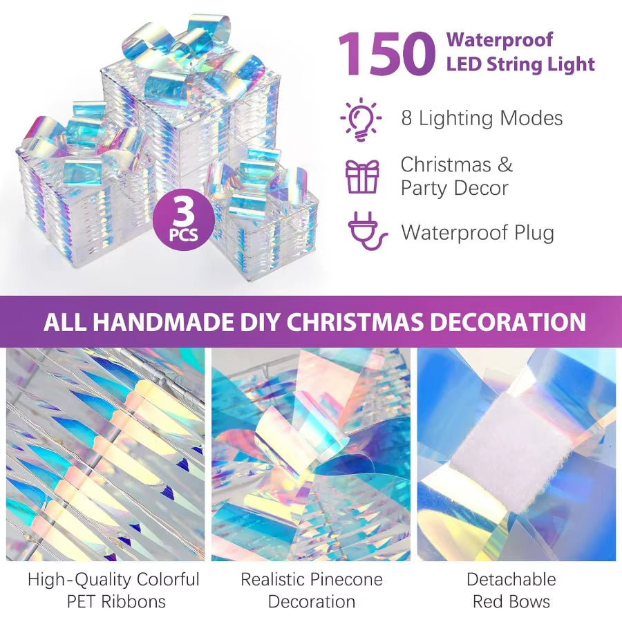 3 Pack 150 LED Lighted Gift Boxes Christmas Decorations Light up Present Boxes for Indoor Outdoor Yard Home Decorations