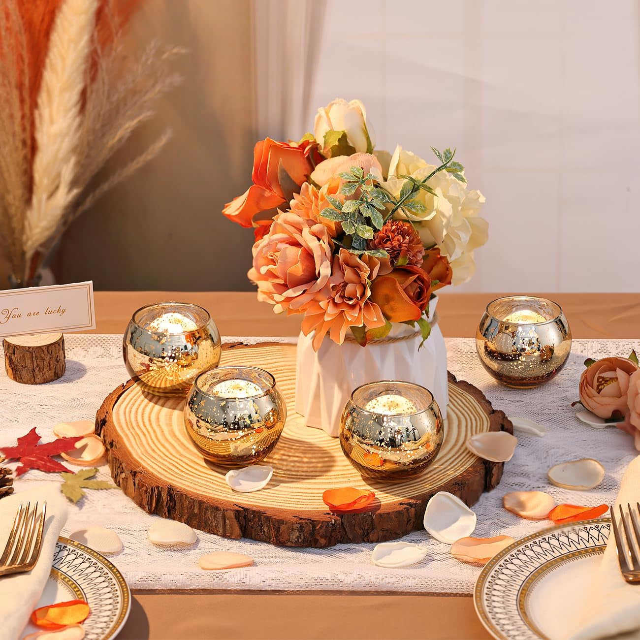 12 Pcs Gold Votive Candle Holders -Gold Mercury Glass Candle Holders, Diwali Decorations for Home, Wedding Centerpieces for Tables, Christmas Tea Light Holders