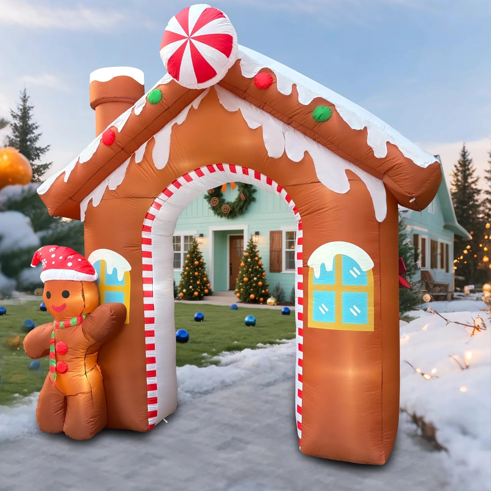 10FT Christmas Inflatables Gingerbread House Archway, Blow up Christmas Inflatables Archway with Gingerbread Man Outdoor Decorations with Build-In LED Lights for Garden Lawn Porch Holiday Party Decor