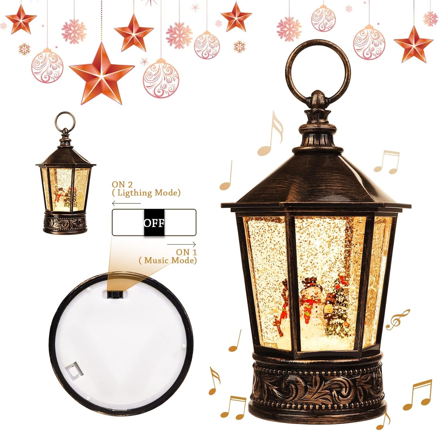 Christmas Snow Globe Lantern-Water Lantern with Music and Christmas Snowman-Usb or Battery-Powered Christmas Lanterns, Rotating Flashing Lanterns, Christma Decorations(Snowman)