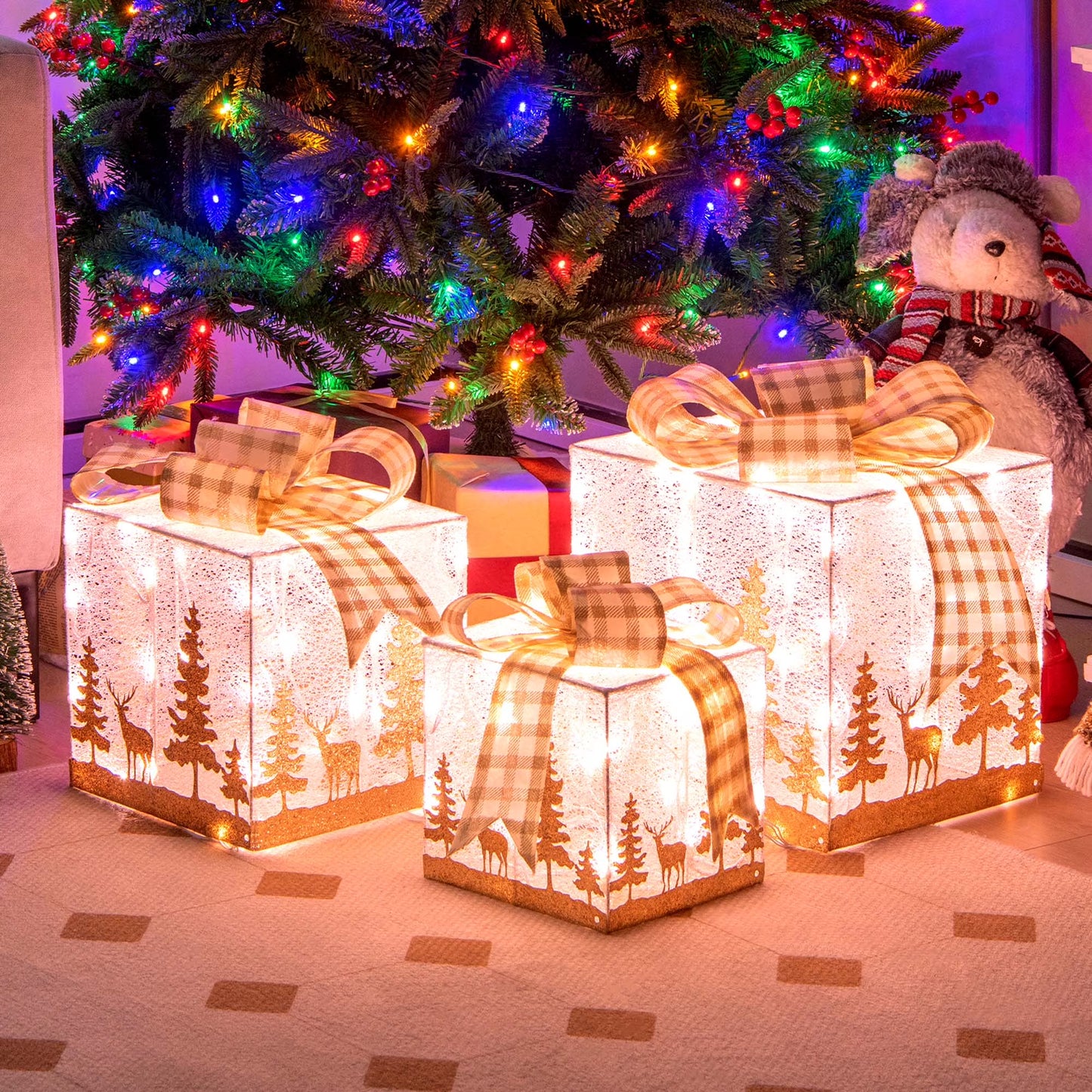 Set of 3 Pre-Lit Christmas Gift Boxes Lighted Present Decoration with 100 Lights