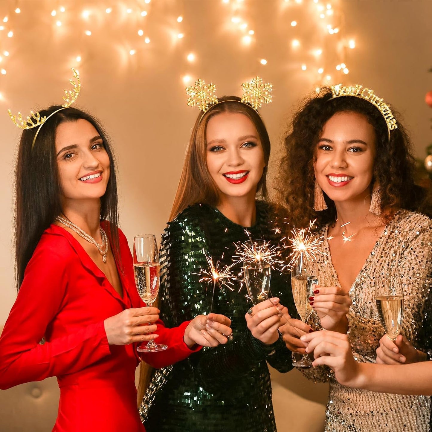 6 Pcs Christmas Headbands Set Rhinestone Xmas Headbands Snowflake Cute Reindeer Antler Hairbands Happy New Year Headband Tiara Crystal Merry Christmas Headpiece Accessories for Women (Gold)