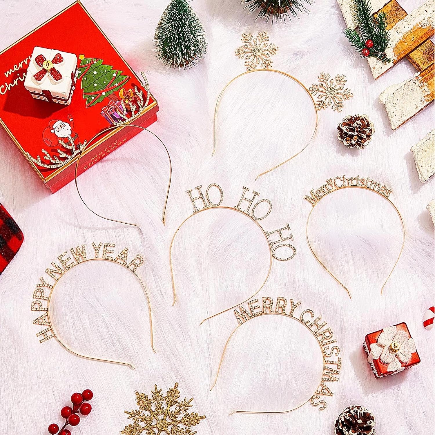 6 Pcs Christmas Headbands Set Rhinestone Xmas Headbands Snowflake Cute Reindeer Antler Hairbands Happy New Year Headband Tiara Crystal Merry Christmas Headpiece Accessories for Women (Gold)