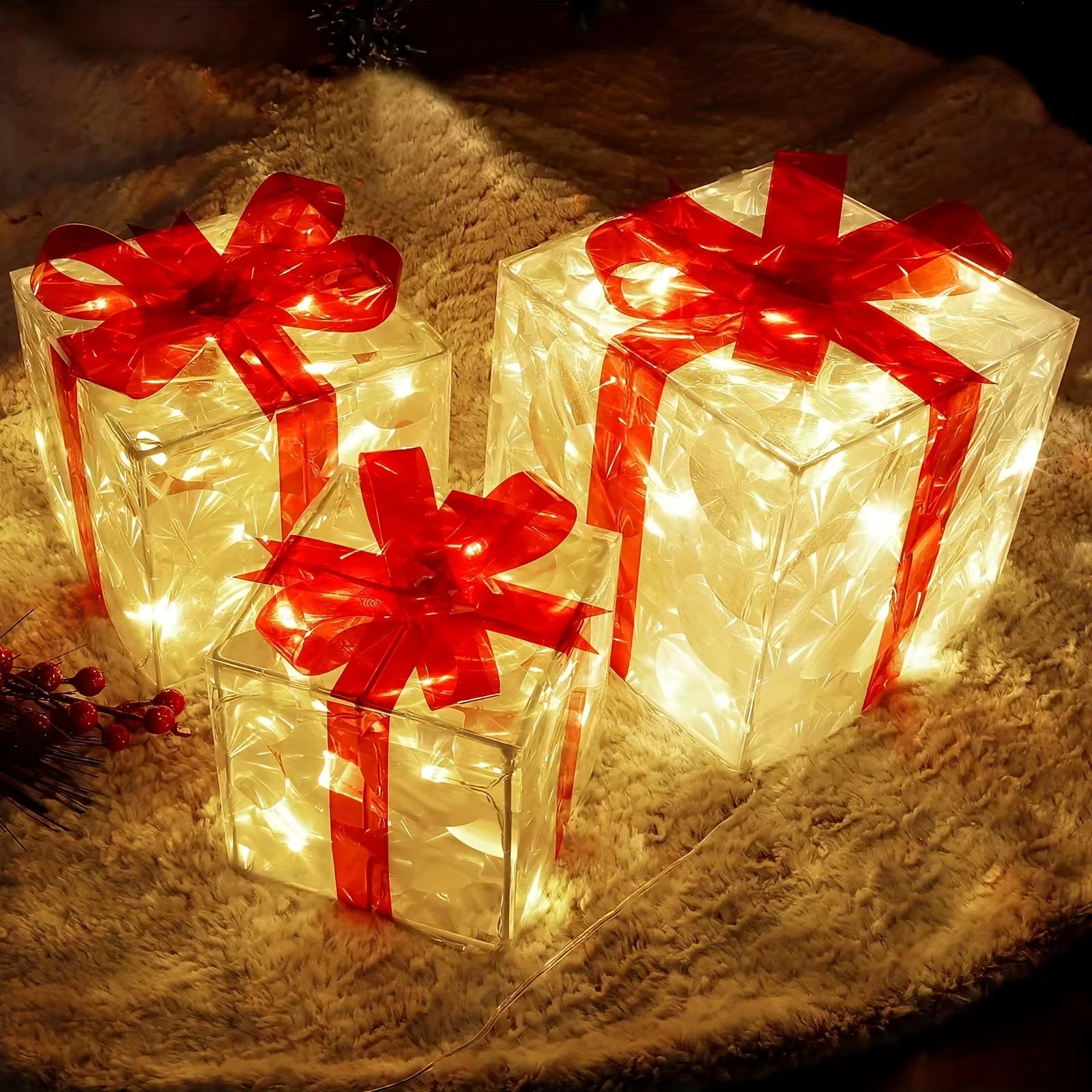 3Pcs Lighted Gift Boxes Decorations, Decorative Boxes, Christmas Tree Skirt Ornament for Holiday, Party, Christmas